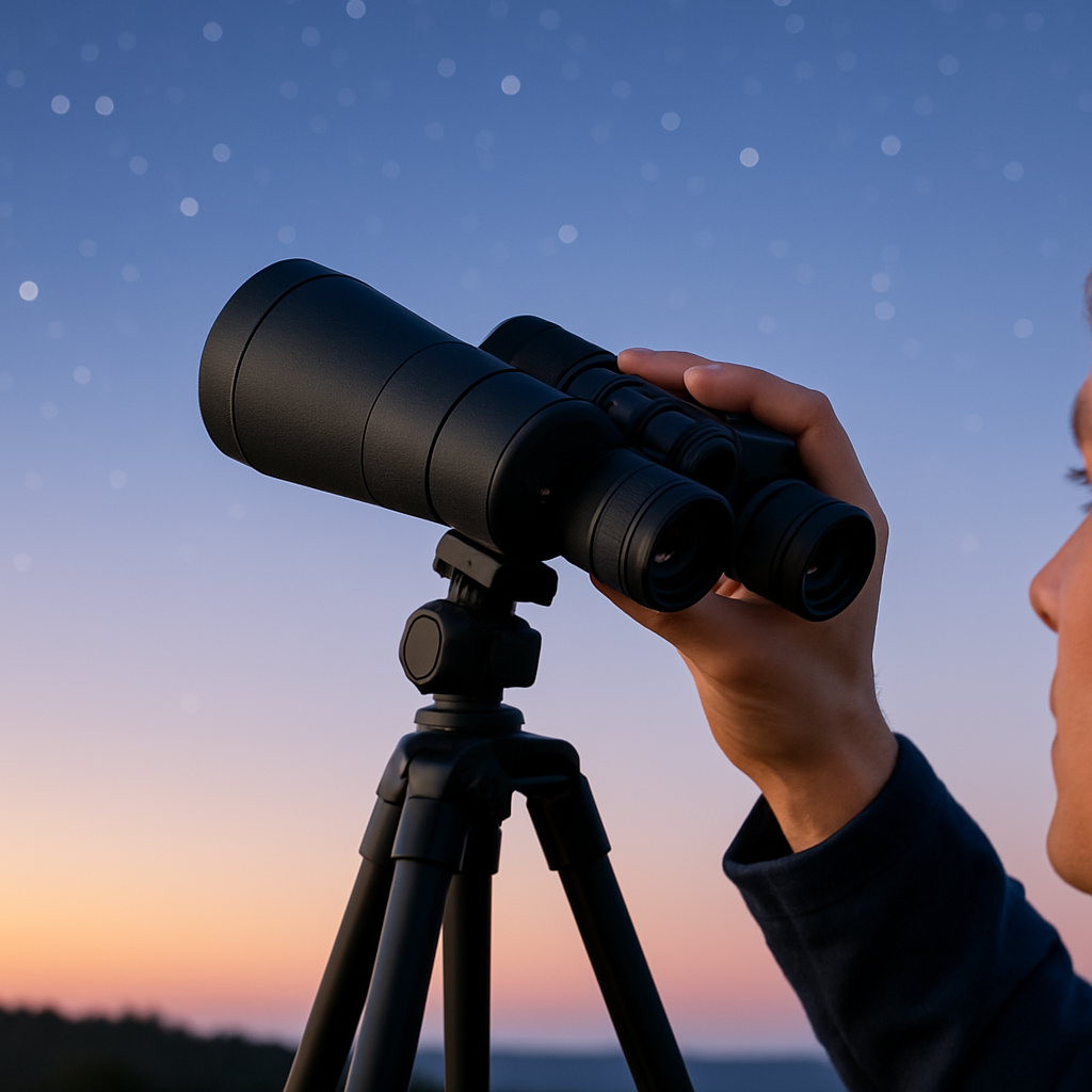 Eine Person richtet ein 7x50-Fernglas auf den Himmel, auf einem einfachen Stativ montiert. Fokus auf Handhabung und Blickrichtung zum westlichen Horizont
