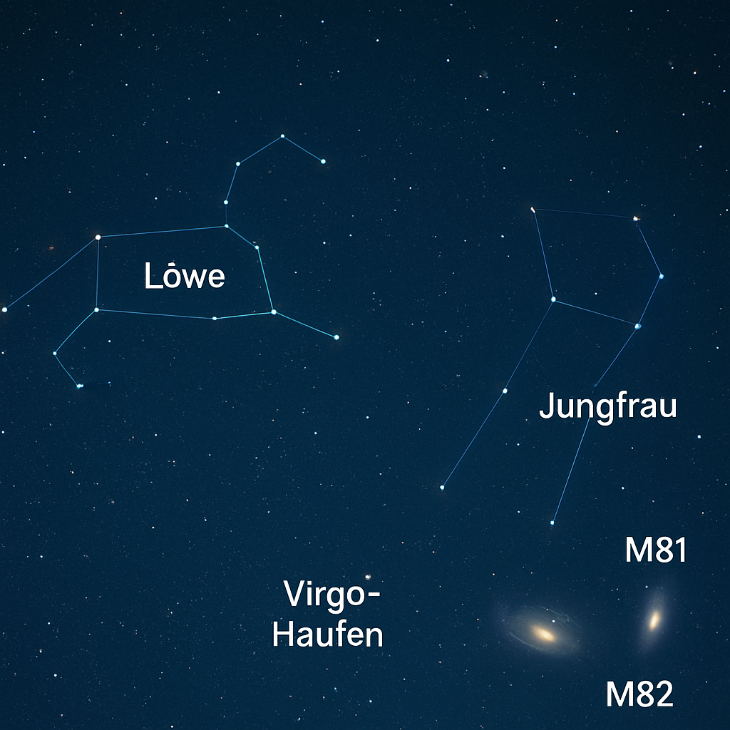 Weitfeld-Sternkarte des Frühlingshimmels mit hervorgehobenen Regionen: Löwe, Jungfrau, Virgo-Haufen sowie M81 und M82. Stilisiert, klare Beschriftung, gut lesbar