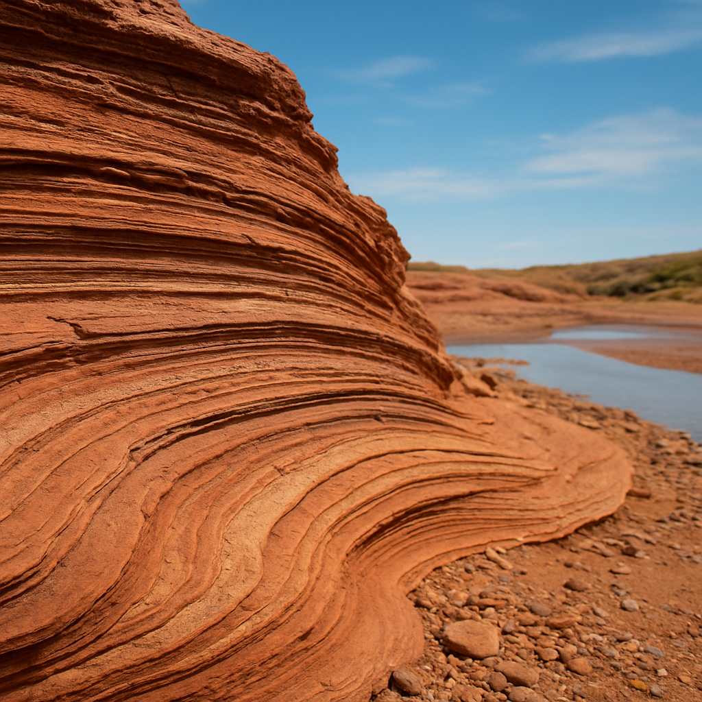 Nahaufnahme von geschichteten Sedimenten in einem Flussdelta auf der Erde als Analogie zu Jezero, mit erläuternder Bildunterschrift, wie Deltas Organika konservieren