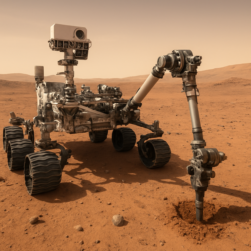 Panoramafoto eines Marsrovers (ähnlich Curiosity/Perseverance) bei der Probennahme, mit sichtbaren Instrumenten und Bohraufnahme