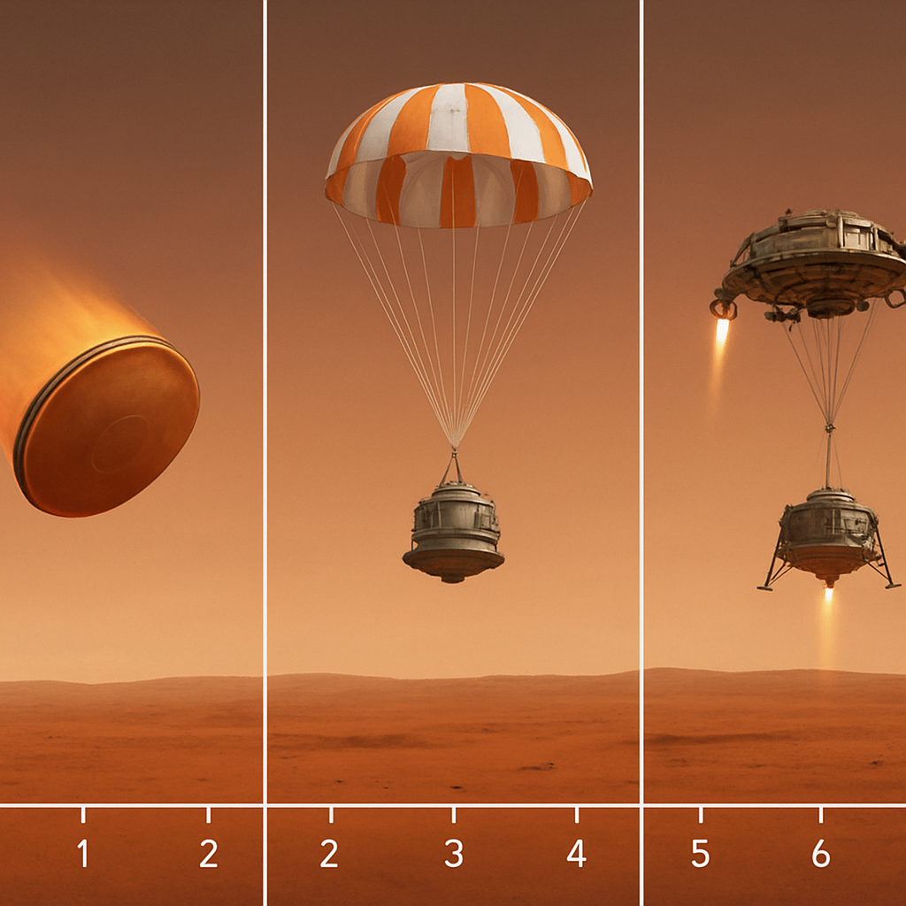 Animierte Sequenz – Hitzeschild, Fallschirm, Sky Crane – schematisch, mit Zeitachse der wichtigsten Ereignisse in Sekunden/Minuten