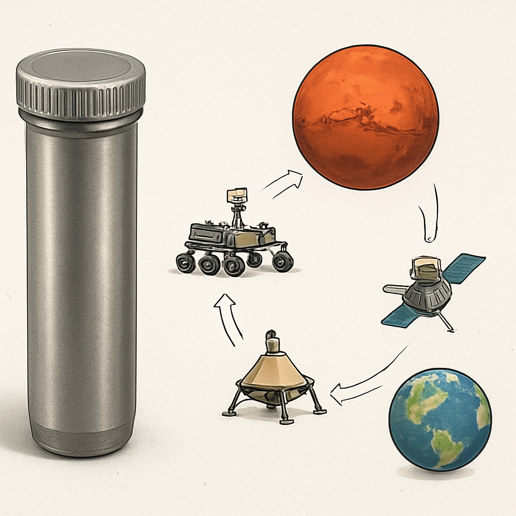 Illustration eines Probenbehälters (sealed titanium tube) neben einer Skizze des geplanten Sample-Return-Staffellaufs: Rover → Mars-Start‑Fahrzeug → Orbiter → Erde