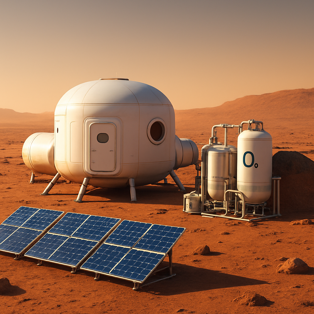 Konzeptgrafik einer bemannten Mars‑Habitat‑Station mit ISRU‑Anlagen zur Sauerstoffproduktion aus CO2, Solarpanels und Strahlenschutzschichten