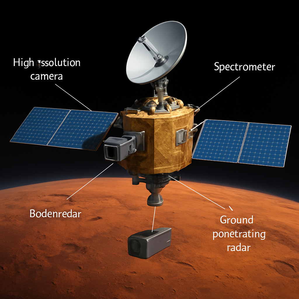 Illustration eines Orbiters über Mars mit Hervorhebung verschiedener Instrumente: Hochauflösungskamera, Spektrometer, Bodenradar