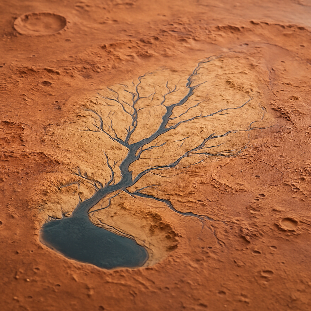 Foto eines Marsdeltas oder Modell des Jezero-Kraters mit eingezeichneten Ablagerungen und Flussläufen