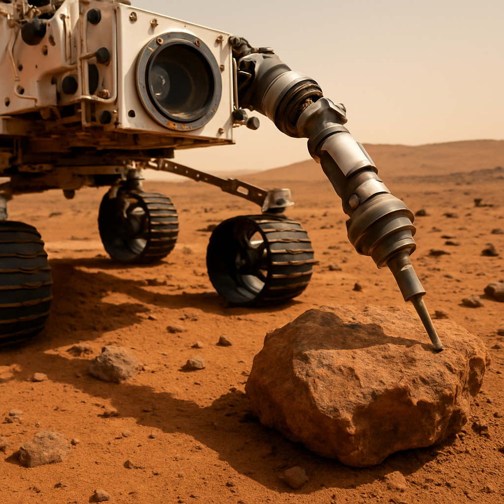Nahaufnahme eines Rovers, der ein Gesteinsprofil untersucht, Instrumentenfenster und Bohrkopf sichtbar