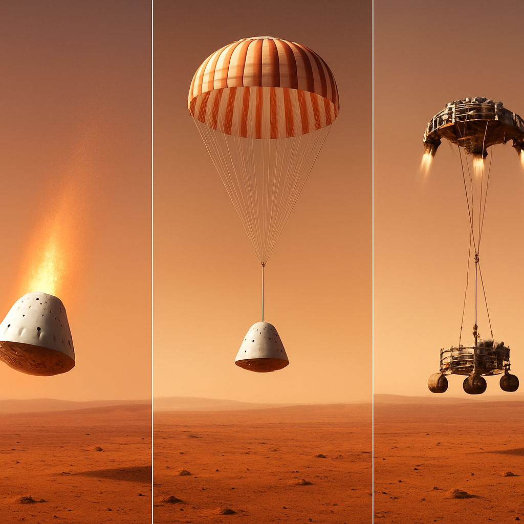 Sequenzabbildung einer Marslandung: Eintritt, Fallschirmöffnung, Sky Crane-Abwurf des Rovers