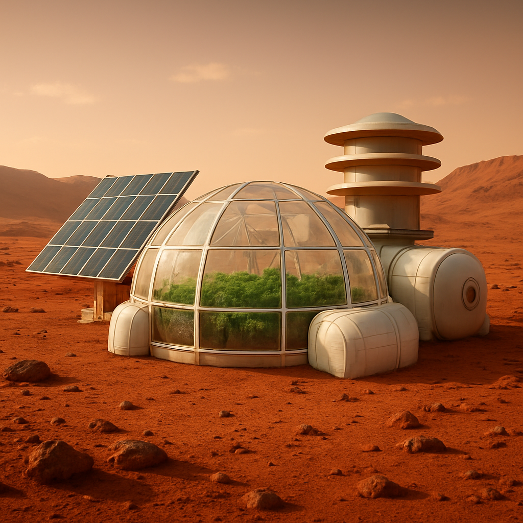 Konzeptgrafik eines Mars-Habitats mit Solaranlagen, Gewächshaus, Strahlenschutzschichten