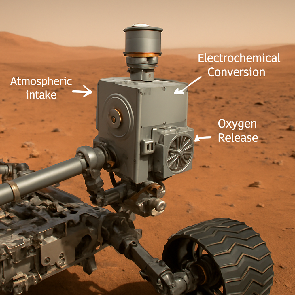 Darstellung von MOXIE auf dem Rover mit schematischem Ablauf: Atmosphärische Ansaugung → Elektrochemische Umwandlung → Sauerstoffabgabe