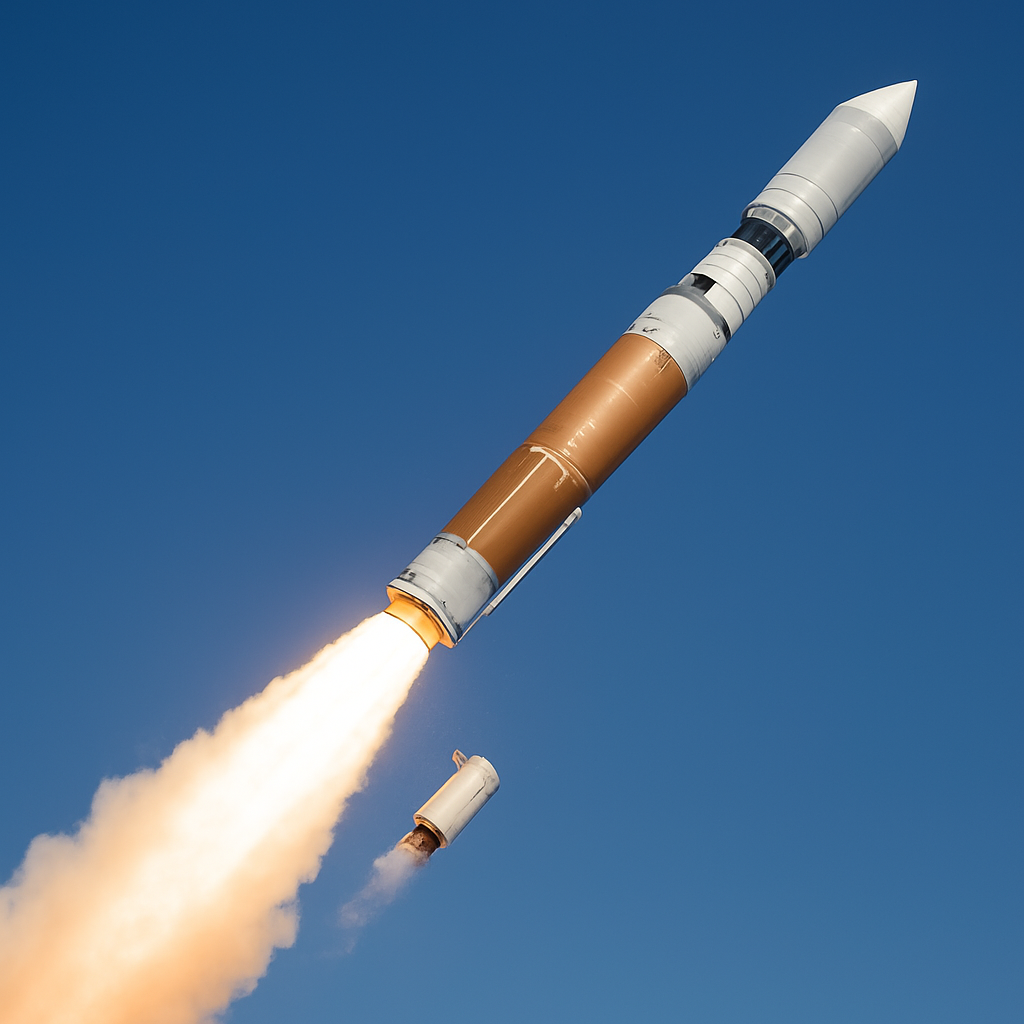 Querschnitt einer mehrstufigen Trägerrakete beim Aufstieg: sichtbare Stufentrennung, Ausströmung der Gase, eine Stage fällt ab