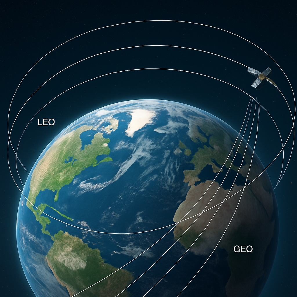 Vergleichsvisualisierung LEO vs. GEO: Erde mit kurzer niedriger Bahn (LEO), hochgelegener geostationärer Bahn (GEO) und polare Überflugspuren
