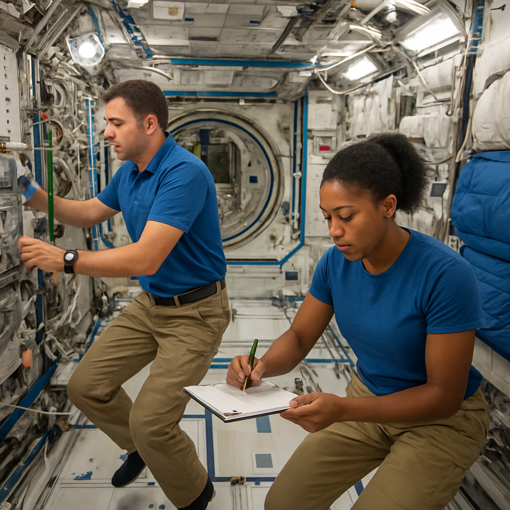 Innenansicht eines Moduls der ISS mit Astronauten, wissenschaftlichen Experimenten und befestigten Schlafsäcken; Fokus auf Alltag und Arbeit