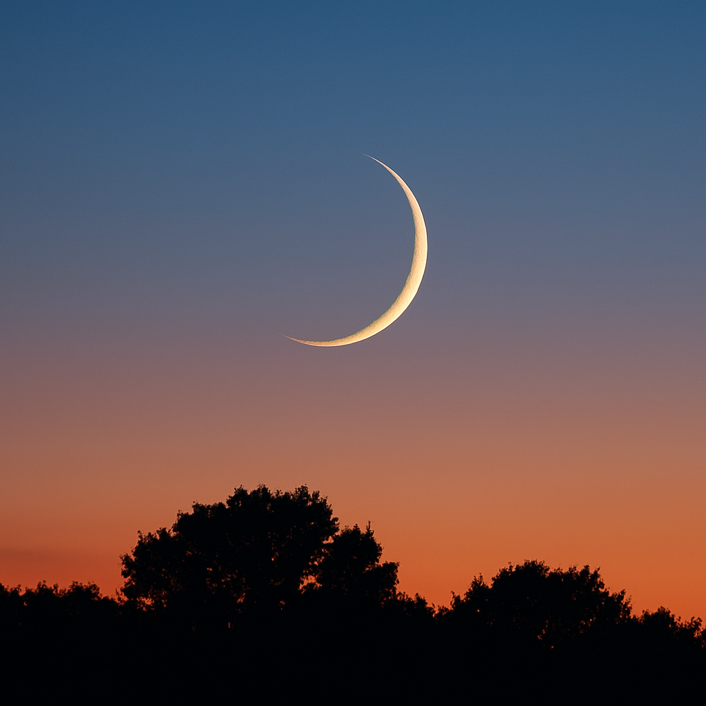 Detailaufnahme einer schmalen Mondsichel am frühen Abend über einem Baumrücken, kontrastreich gegen den Dämmerungshimmel.