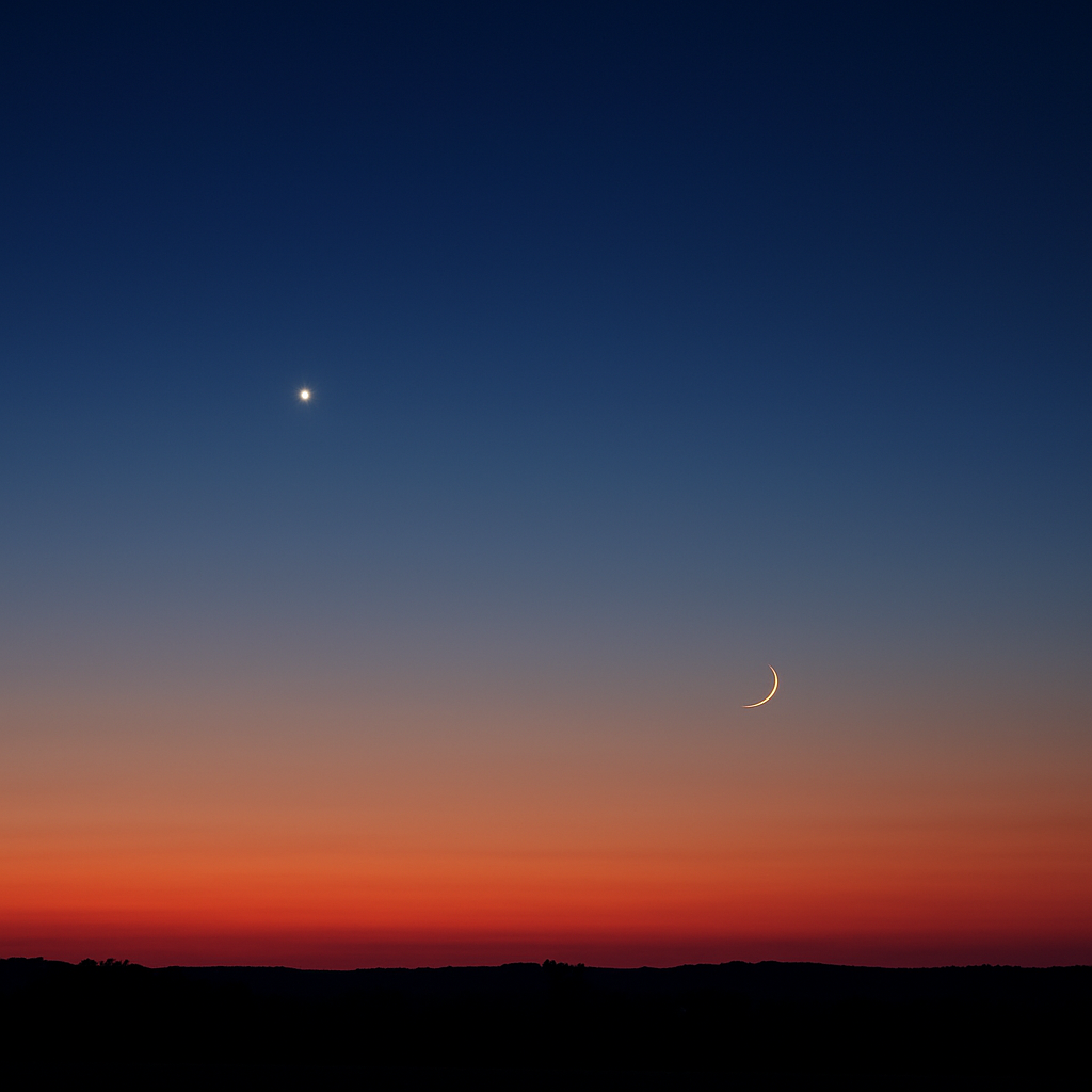 Horizontaufnahme kurz nach Sonnenuntergang mit Venus tief über dem Osthorizont; Beschriftungen für Venus und eine schmale Mondsichel könnten später eingeblendet werden.