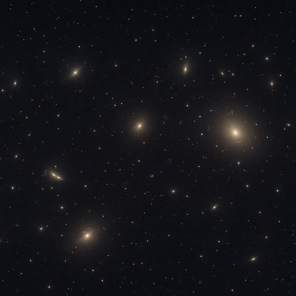 Weitwinkelaufnahme des Virgo‑Galaxienfelds als künstlerische Visualisierung: viele dezente Lichtinseln in einem dunklen Sternhintergrund.