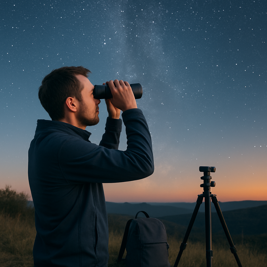 Aufnahme eines Beobachters mit 10x50‑Fernglas auf einer Anhöhe; ein kleiner Rucksack und ein Stativ stehen daneben.