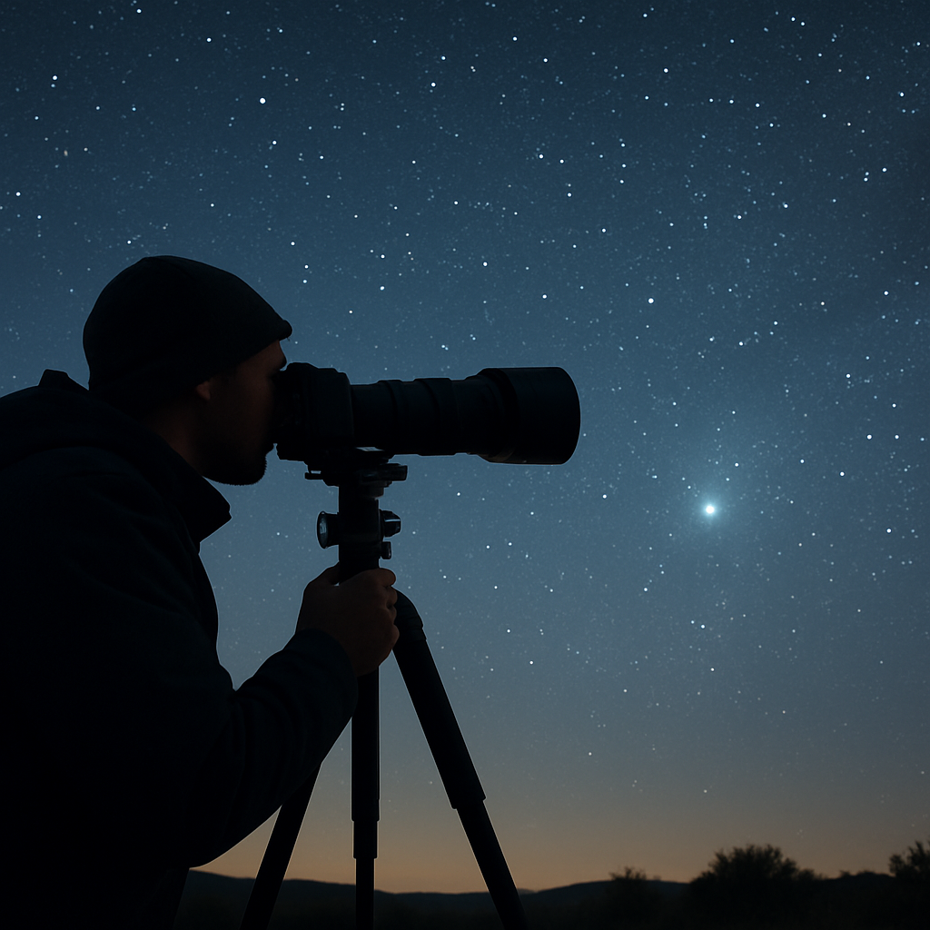 Stimmungsaufnahme eines Fotografen auf einem Stativ mit Kamera und weitem Objektiv, Sterne als Lichtpunkte am Himmel; Vordergrund leicht beleuchtet.