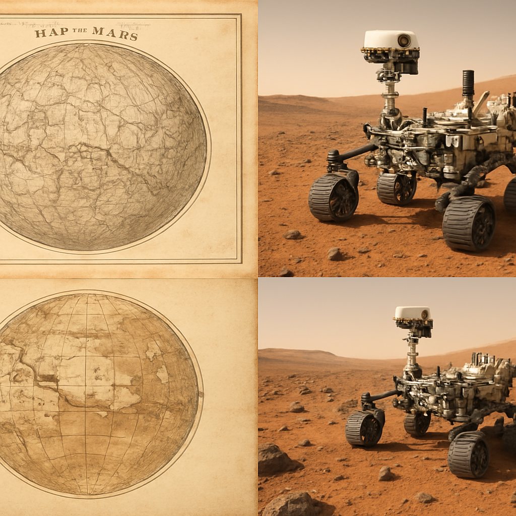 Historische Sammlung: alte Karten mit 'Kanälen' neben modernen Rover‑Aufnahmen, die den Wandel in der Marswahrnehmung illustrieren
