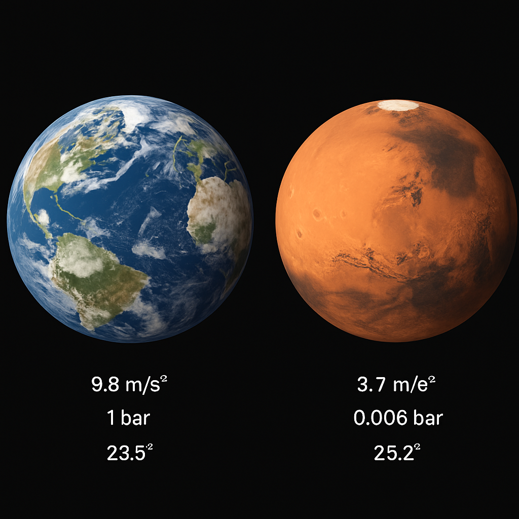 Vergleichsillustration: Erde und Mars nebeneinander mit Angaben zu Gravitation, Druck und Achsneigung