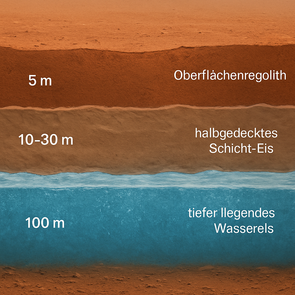 Grafik eines Schichtprofils: Oberflächenregolith, halbbedecktes Schicht‑Eis und tiefer liegendes Wassereis mit Schichtdickenangaben