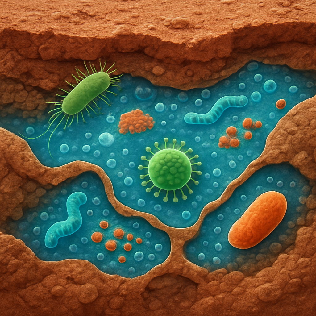 Illustration eines Mikrobienszenarios im Marsuntergrund: Porenwasser zwischen Gesteinsporen, Salzkonzentrationen und geringe Wärmeflüsse