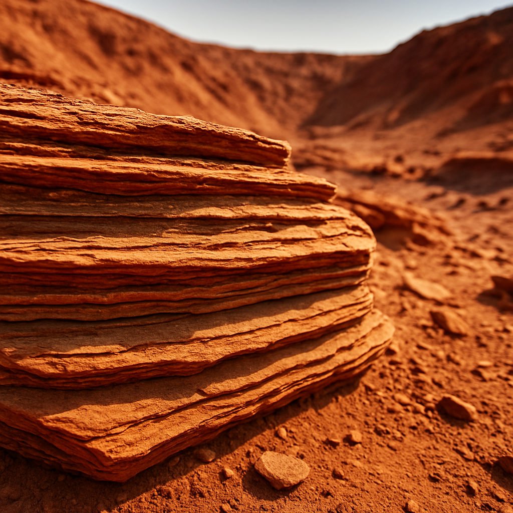Makroaufnahme geschichteter Sedimente in einem Mars‑Krater (Nahaufnahme), die wie Ablagerungen eines alten Sees wirken