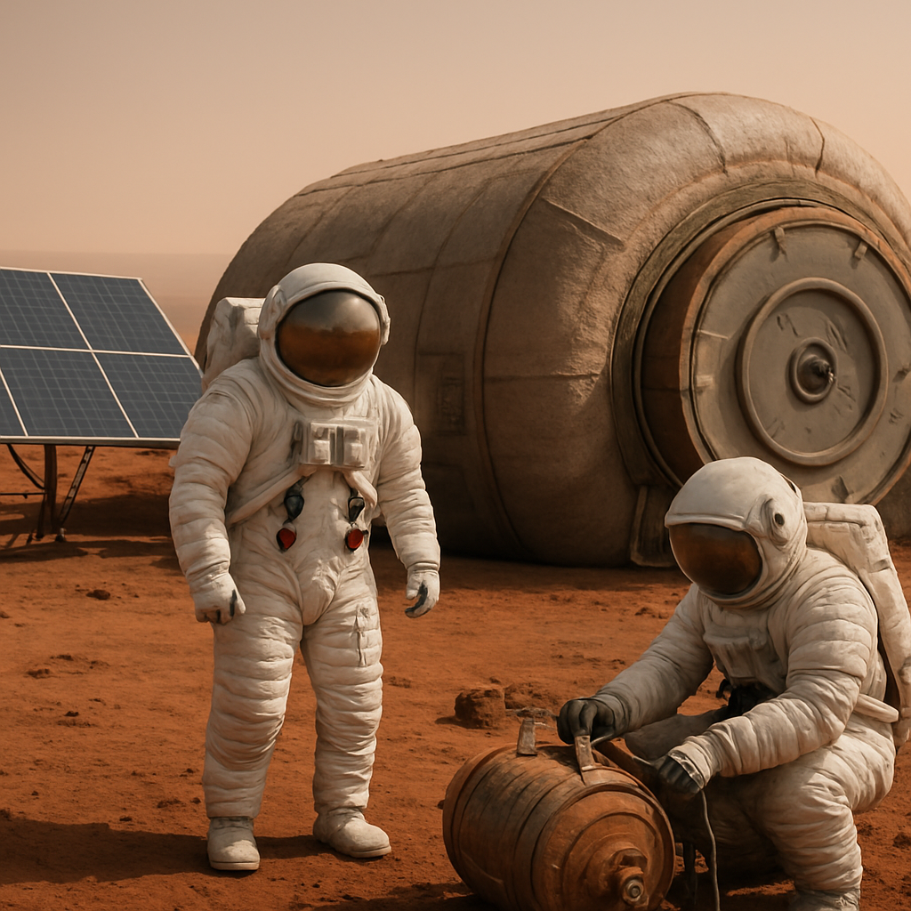 Konzeptbild: Astronauten vor einem Habitat mit dicker Abschirmung gegen Strahlung, Solarpanels und Reparaturarbeiten an verstaubten Modulen