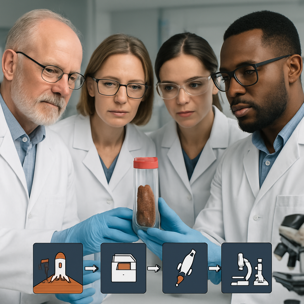 Abschlussbild: Wissenschaftsteam, das eine Mars‑Probenröhre analysiert, kombiniert mit schematischer Darstellung der Probenkette (Sammlung → Archiv → Rückführung → Laboranalyse)