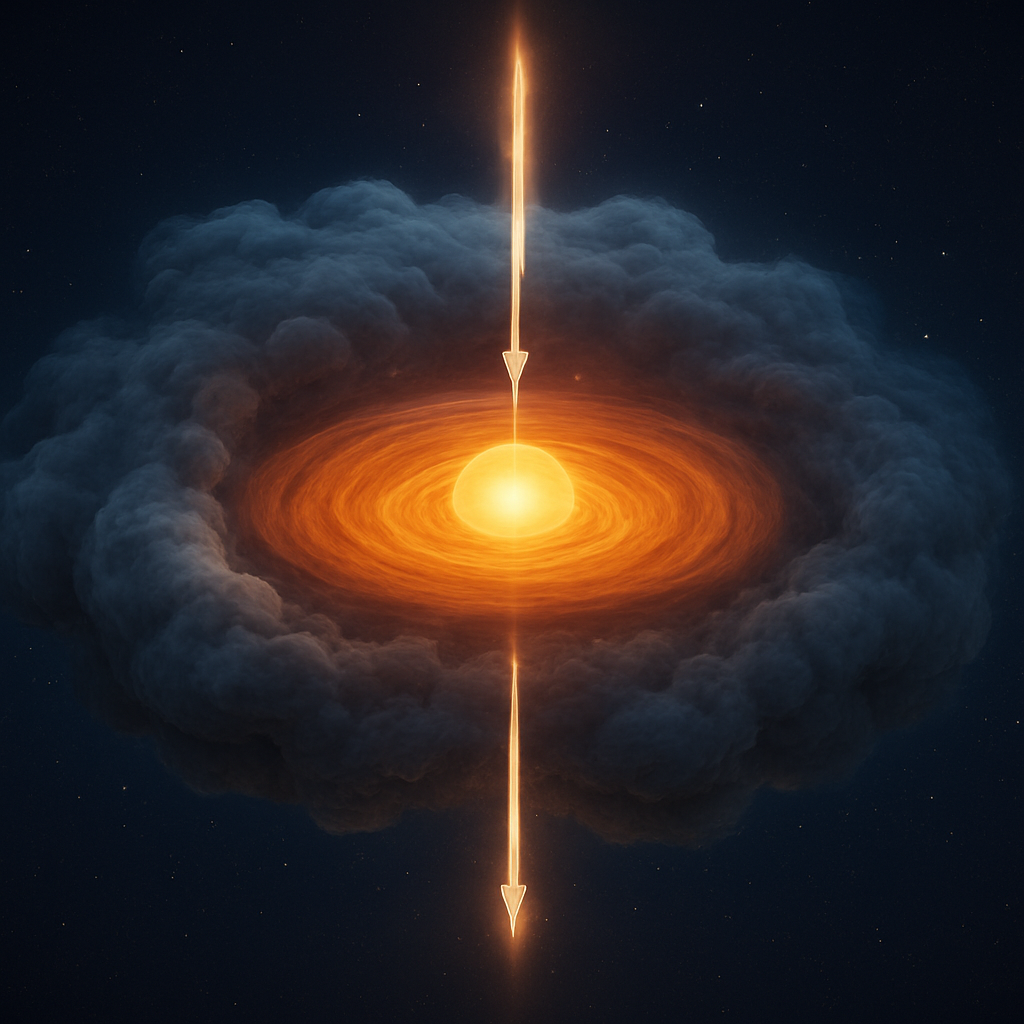 Illustration einer kollabierenden Molekülwolke mit Bildung eines Protosterns und einer Akkretionsscheibe; Pfeile zeigen Jet‑Ausströmungen