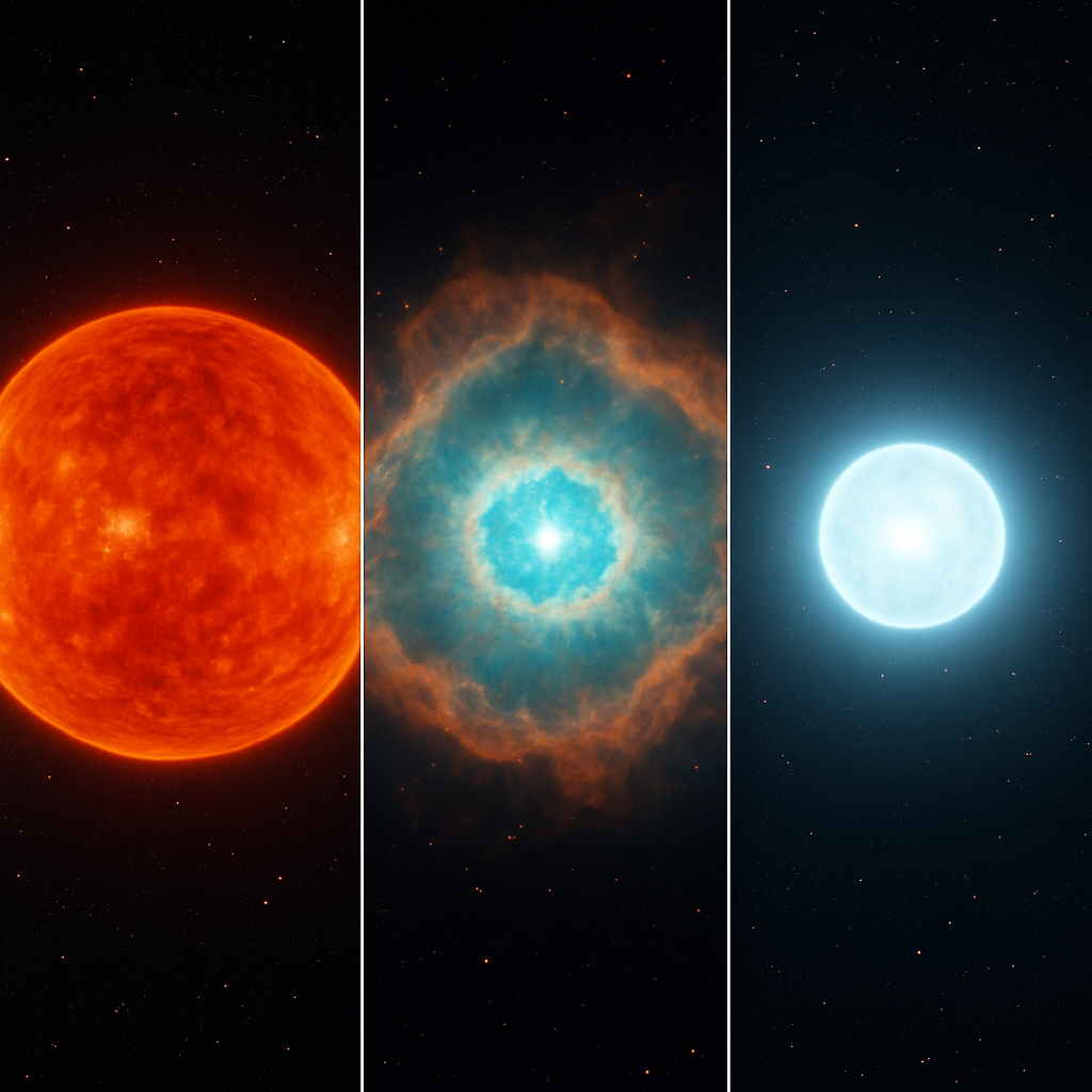 Sequenz: (1) Roter Riese mit aufgeblähten äußeren Schichten, (2) Planetarischer Nebel beim Abstoßen der Hülle, (3) Weißer Zwerg im Zentrum