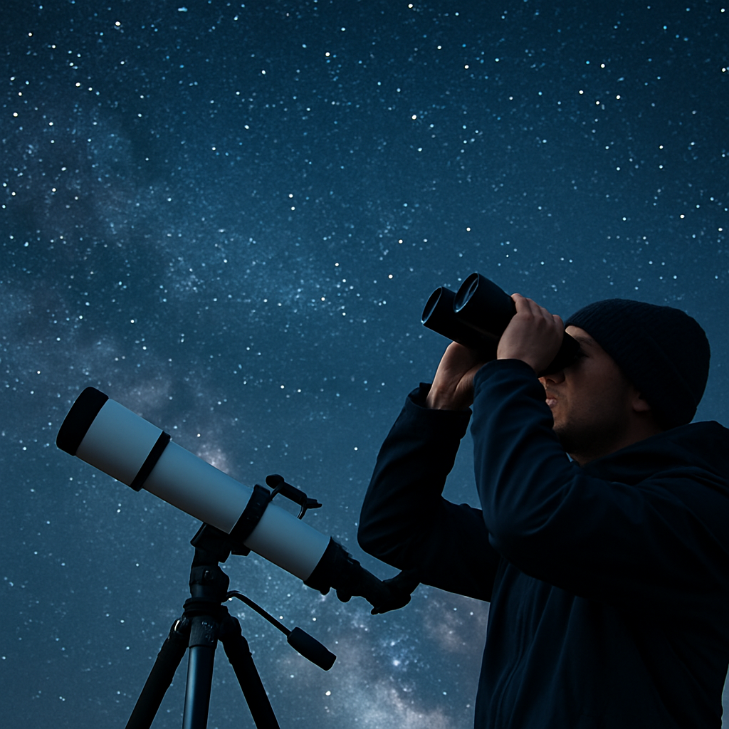 Foto eines Beobachters mit 7x50‑Fernglas unter einem dunklen Sternenhimmel; im Vordergrund ein kleiner Refraktor auf Stativ