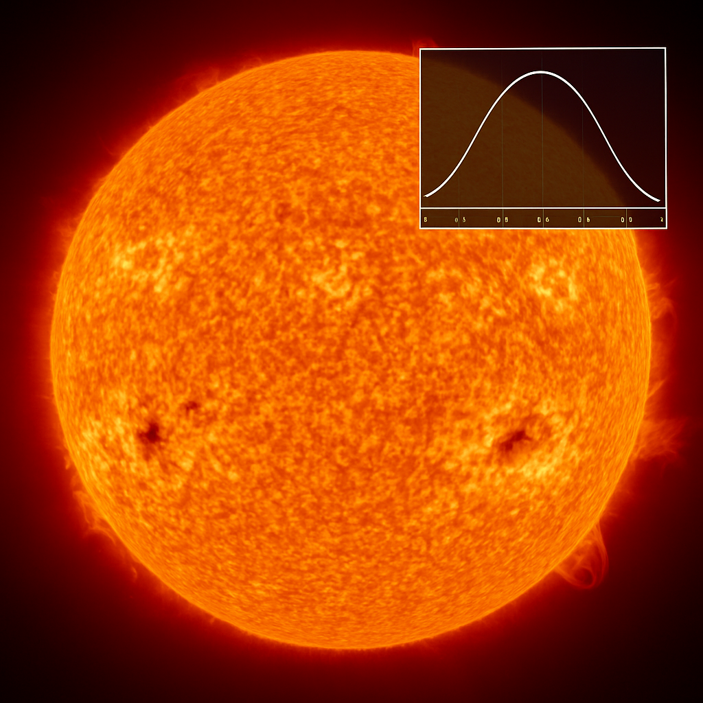 Hohe Auflösung einer Sonnenoberfläche mit Sonnenflecken, aktiven Regionen und Protuberanzen; Diagramm mit 11‑jährigen Aktivitätszyklus als Einblendung