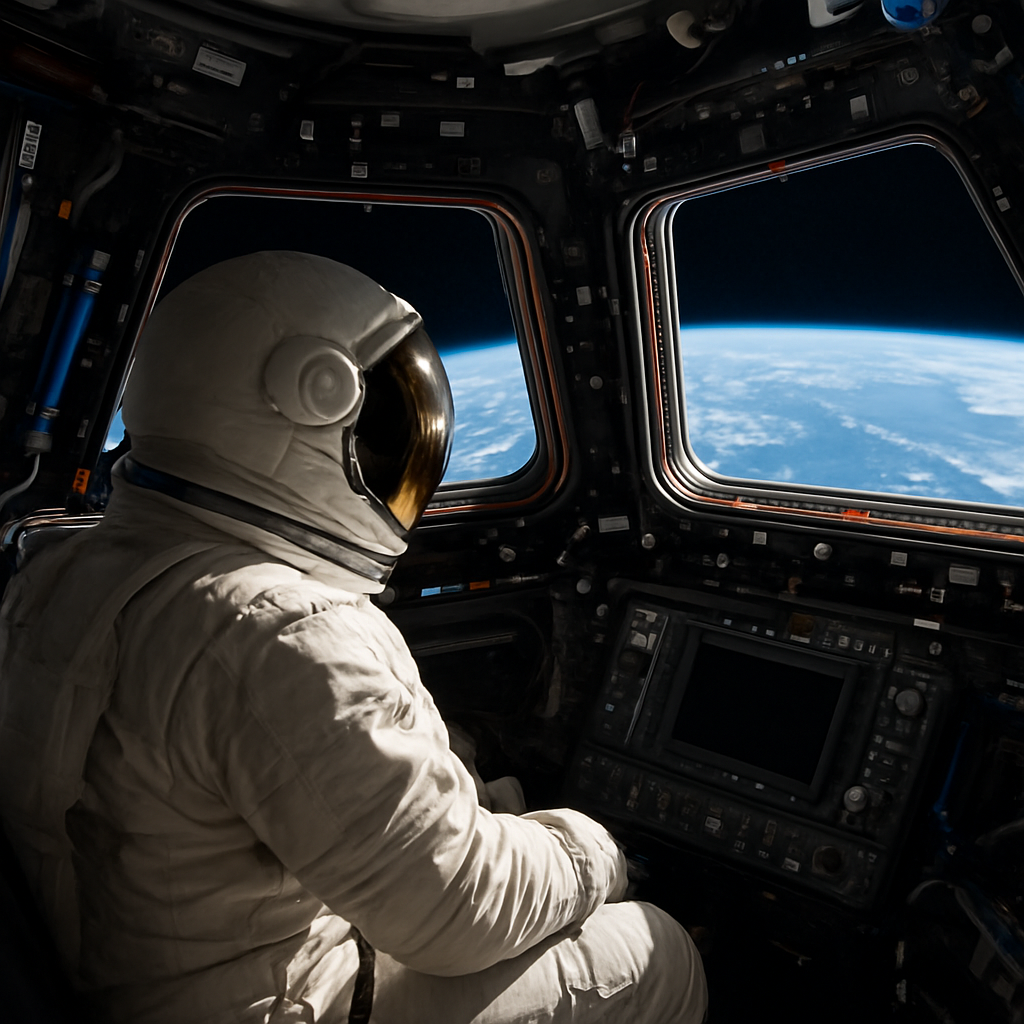 Detailaufnahme der Cupola mit Astronaut, die aus dem Fenster auf die Erde blickt – zeigt Aussicht und Innenraum-Einrichtung