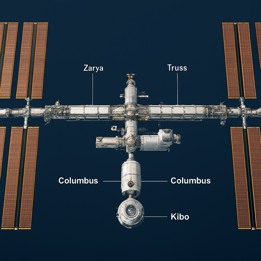Grafik des ISS-Aufbaus von oben, Module beschriftet (Zvezda, Zarya, Truss, Cupola, Columbus, Kibo) – schematische Darstellung