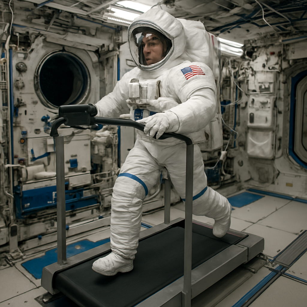 Astronaut während des Trainings an einem Laufband mit Fixierung, Innenraumaufbau sichtbar – dynamische Szene