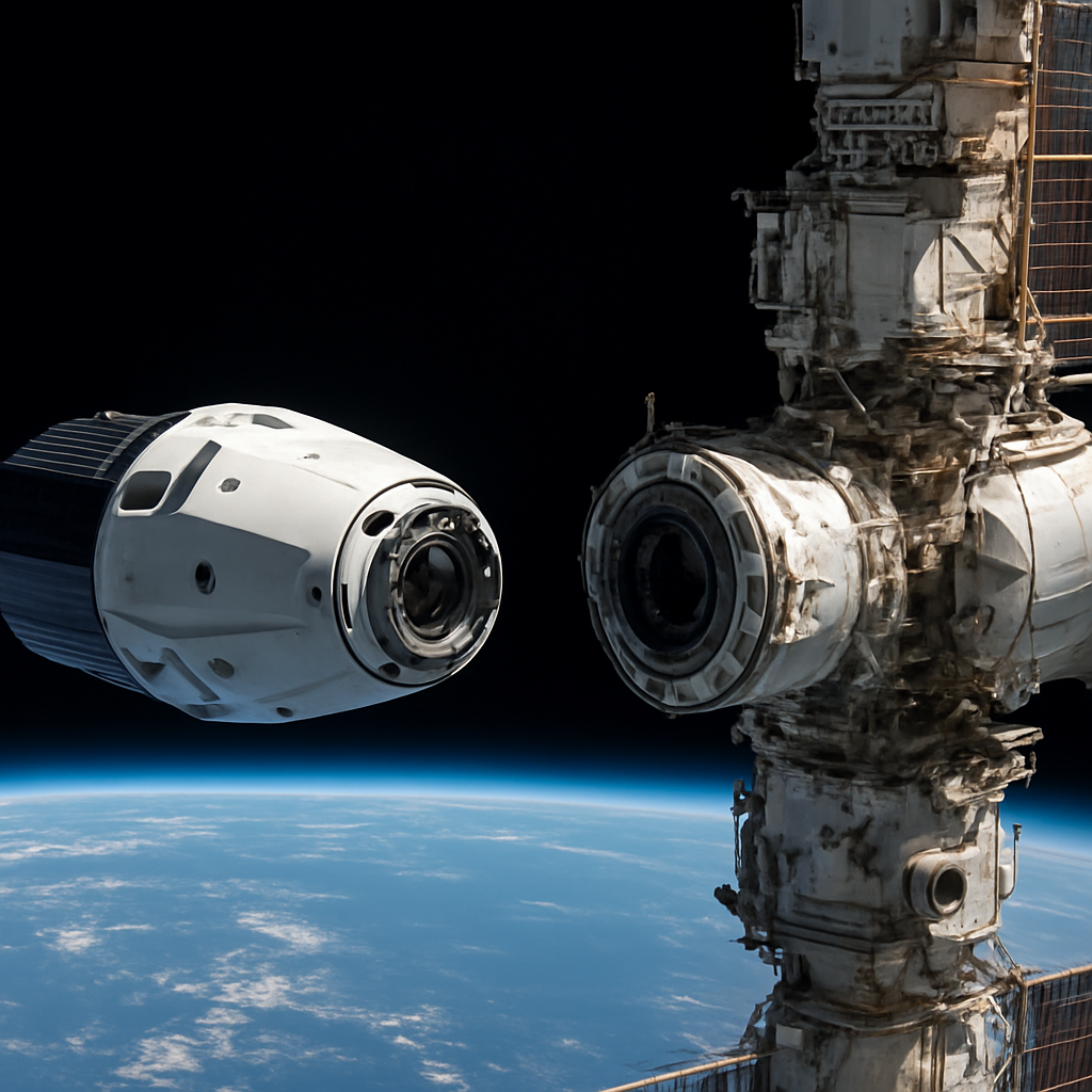 Ein Versorgungsschiff (Dragon) beim Annäherungsmanöver an die ISS, Rendezvous-Szene – technische Nahaufnahme