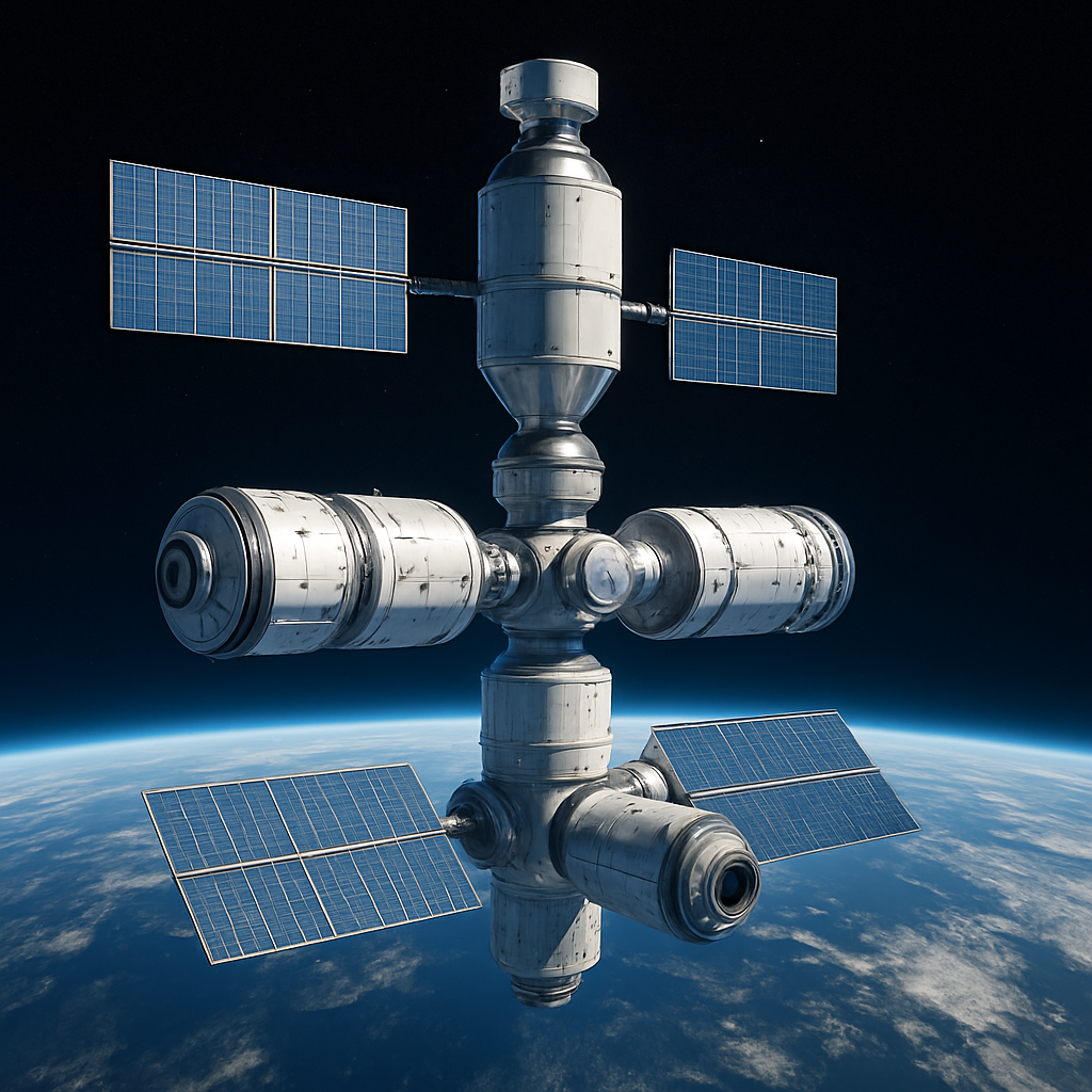 Konzeptionelle Illustration einer künftigen kommerziellen Raumstation, modular aufgebaut – futuristische aber plausible Darstellung