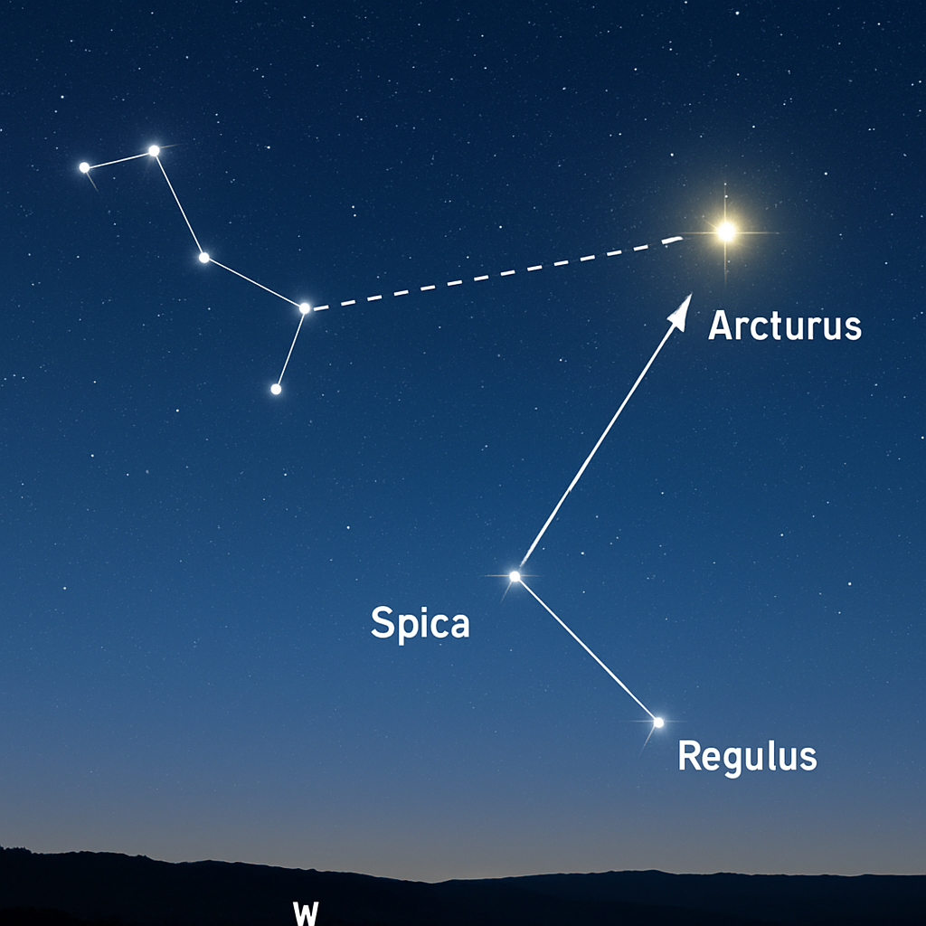Illustration: Verschiedene Stadien der Orientierung vom Großen Wagen über eine verlängerte Linie zu Arktur; Pfeile zeigen die Richtung und Himmelsrichtungen (West/Süd).