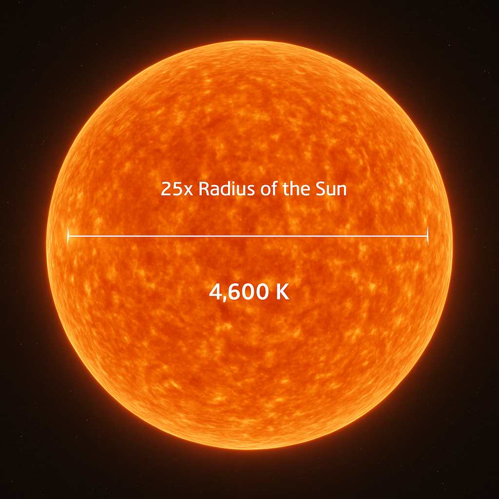 Nahaufnahmezeichnung von Arktur als aufgeblähter, orangefarbener Riese; annotiert mit geschätztem Radius im Vergleich zur Sonne und Temperaturangabe in Kelvin.