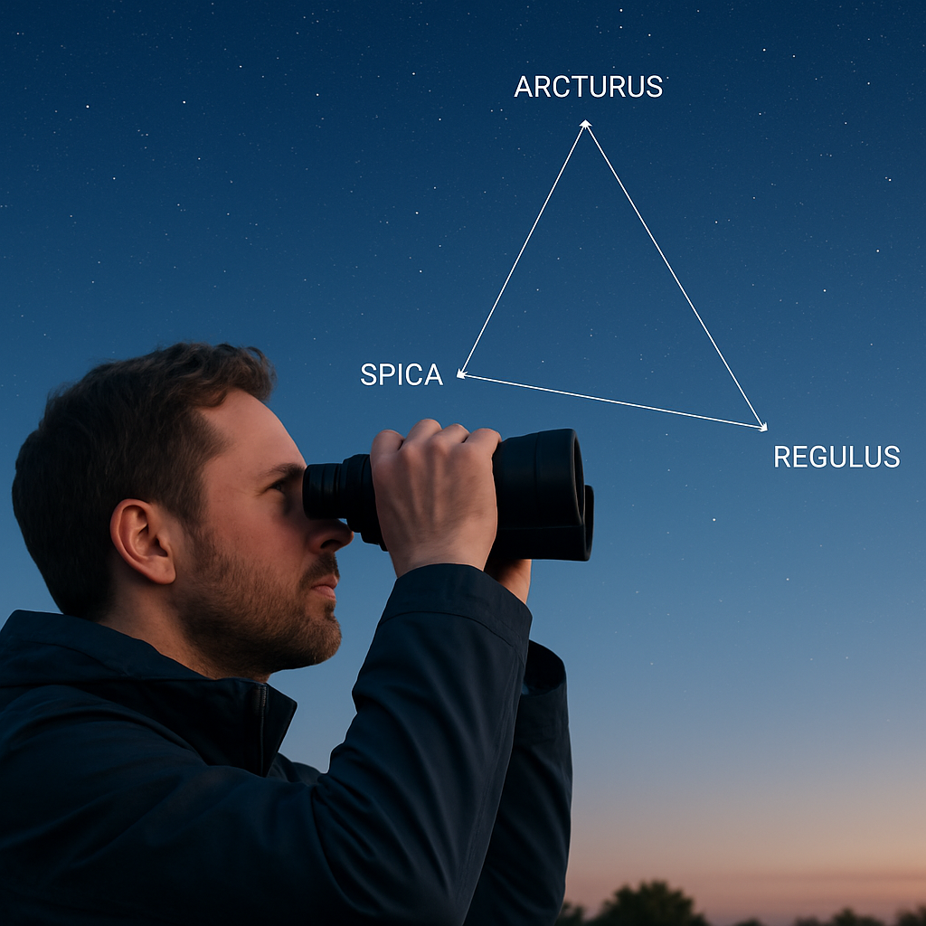 Foto eines Beobachters mit 7x50-Fernglas, Blickrichtung Süden; im Hintergrund das Frühlingsdreieck am Himmel skizziert.