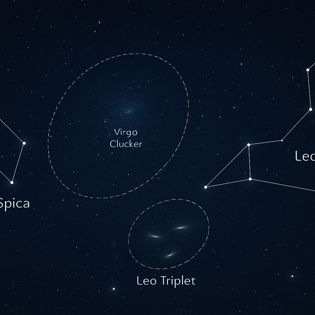 Visuelle Karte des Gebietes um Spica mit Markierungen: Virgo-Galaxienhaufen, Leo-Triplett (M65, M66, NGC 3628) und typische Sichtfeldgrößen für Fernglas/Teleskop.