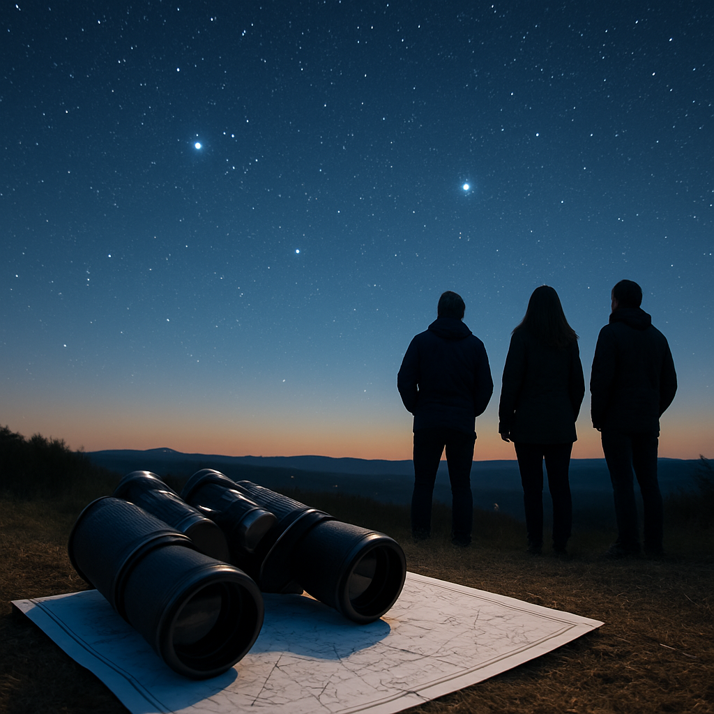 Stimmungsfoto: Beobachtergruppe auf einer Anhöhe bei klarer Frühlingsnacht, die Sterne über ihnen klar sichtbar; im Vordergrund Fernglas und Sternkarte.