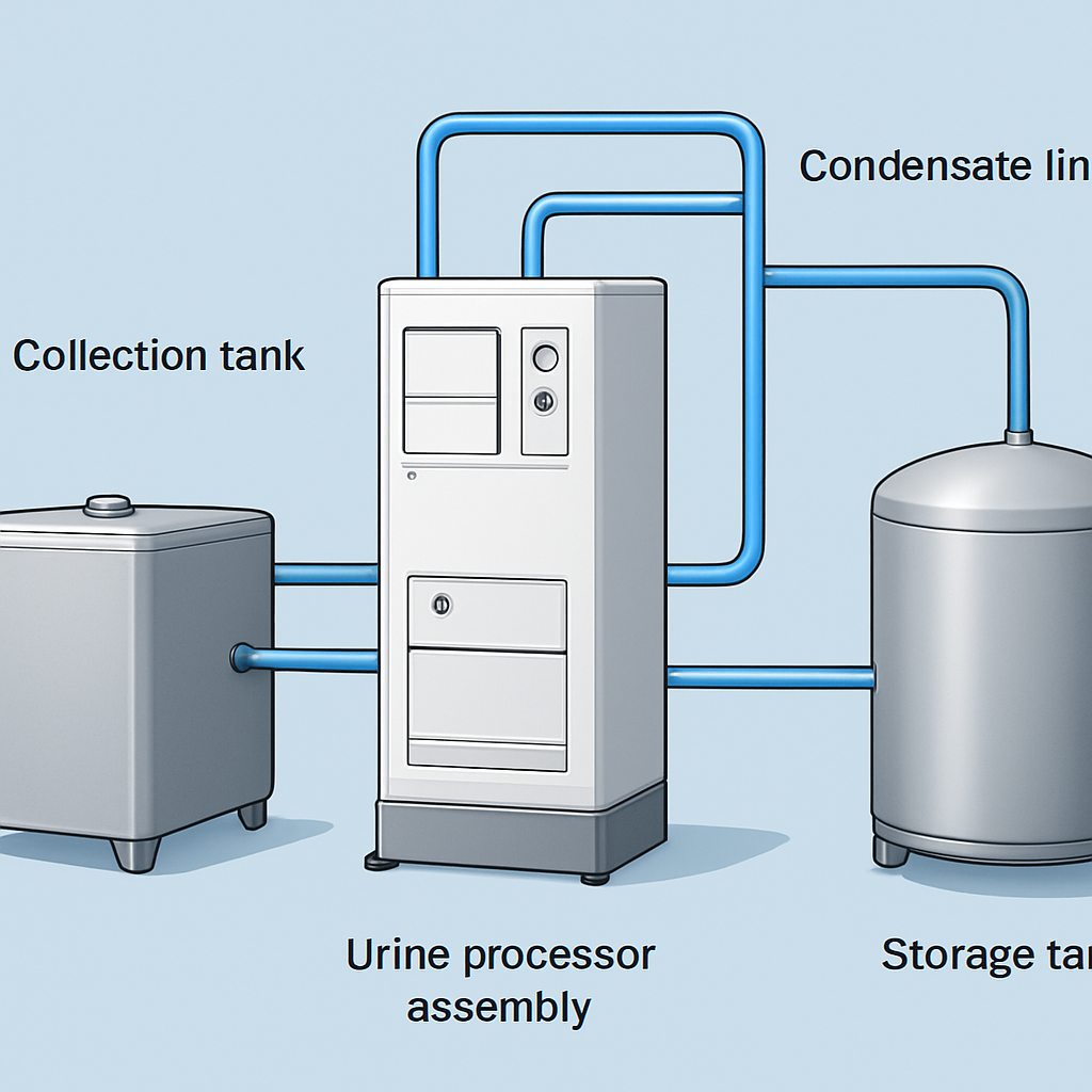 Technische Skizze des ISS Water Recovery System (vereinfachte Ansicht): Sammelbehälter, Urine Processor Assembly, Kondensatleitungen und Speicherbehälter