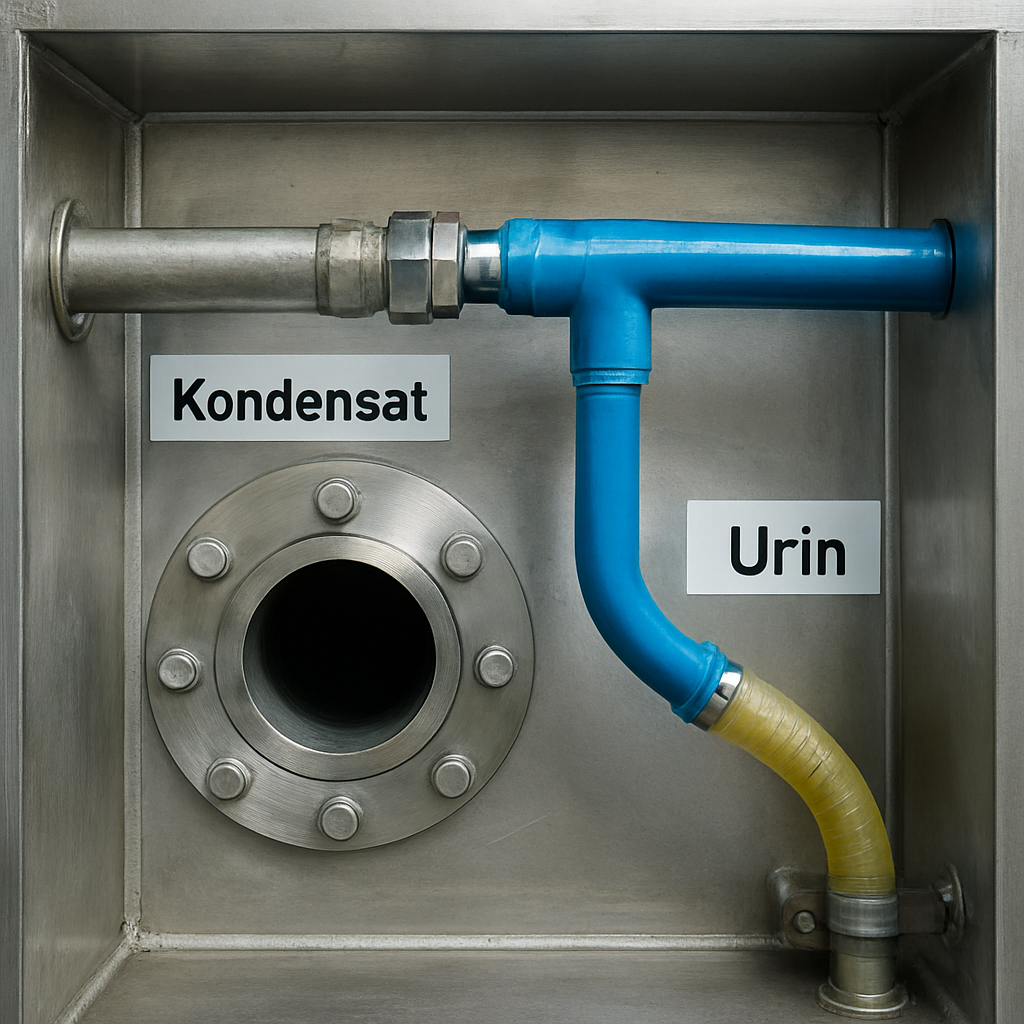 Detailaufnahme eines Recyclingschachts mit markierten Leitungen für Kondensat und Urin; beschriftet, welche Flüssigkeit wohin fließt