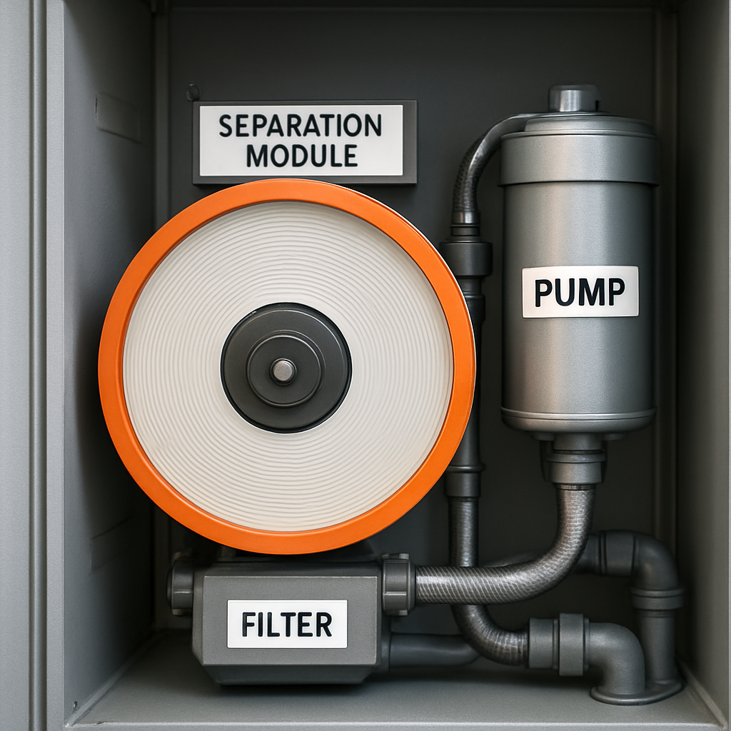 Nahaufnahme eines rotierenden Trennmoduls und Pumpen im Schrankformat (künstlerische Darstellung), dazu Beschriftungen der Komponenten