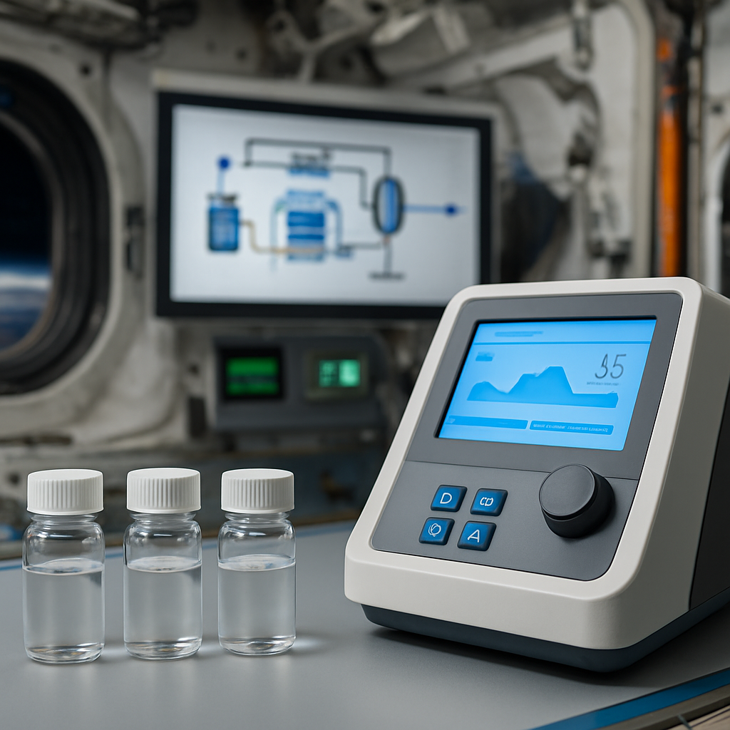 Illustration eines Labormessplatzes auf der ISS mit kleinen Fläschchen (Proben), einem Messgerät und Anzeigen