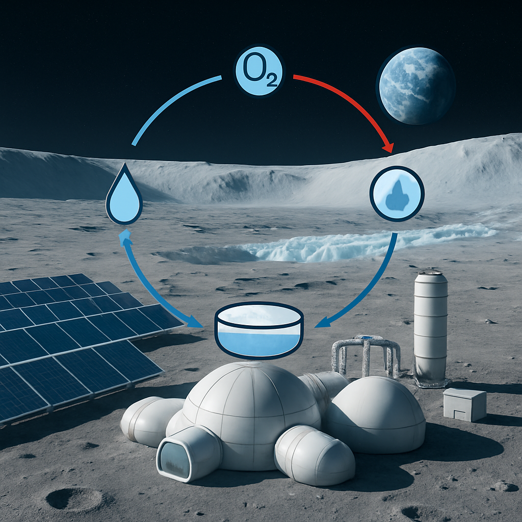 Konzeptionelle Illustration einer Mondbasis am Südpol mit Wasser‑ und Sauerstoffkreislauf, Solarfelder und Eisvorkommen im Hintergrund