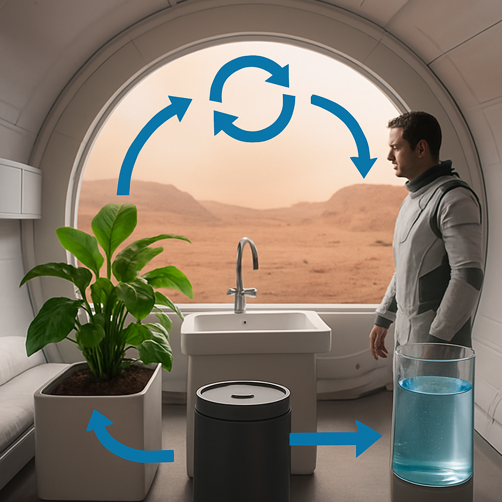 Konzeptbild eines geschlossenen Lebensraums (Mars‑Habitat) mit Wasser‑, Luft‑ und Abfallkreislauf visualisiert, grüne Pflanzen als Teil des Systems