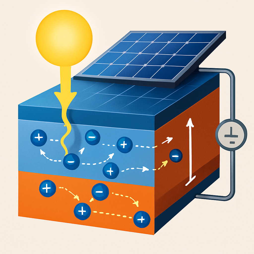 Diagramm einer Solarzelle im Schnitt, das Photon, Elektronenbewegung und erzeugten Strom schematisch zeigt