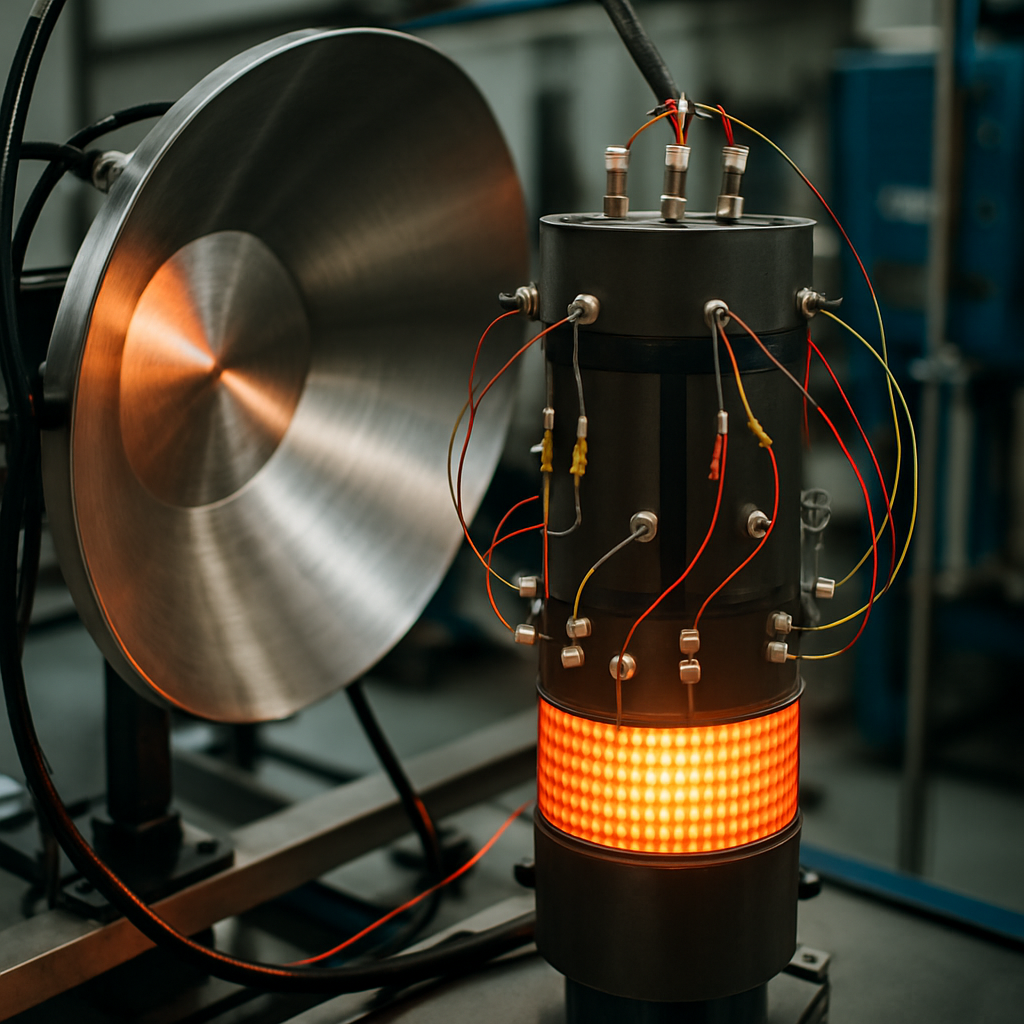 Nahaufnahme eines RTG‑Testaufbaus im Labor, mit Wärmestrahlungssimulation und Thermoelementen sichtbar